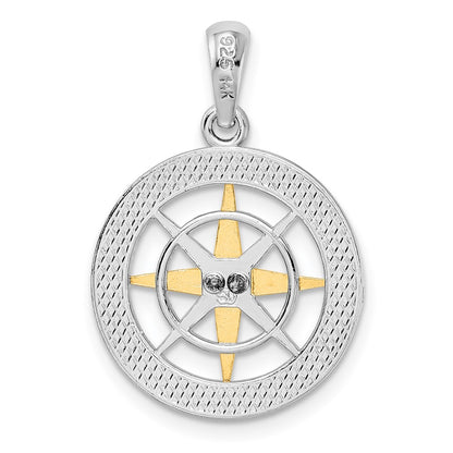 Silver/14K Two-Tone De-Ani Sterling Silver Rhodium-Plated Small Compass With 14K Needle Pendant