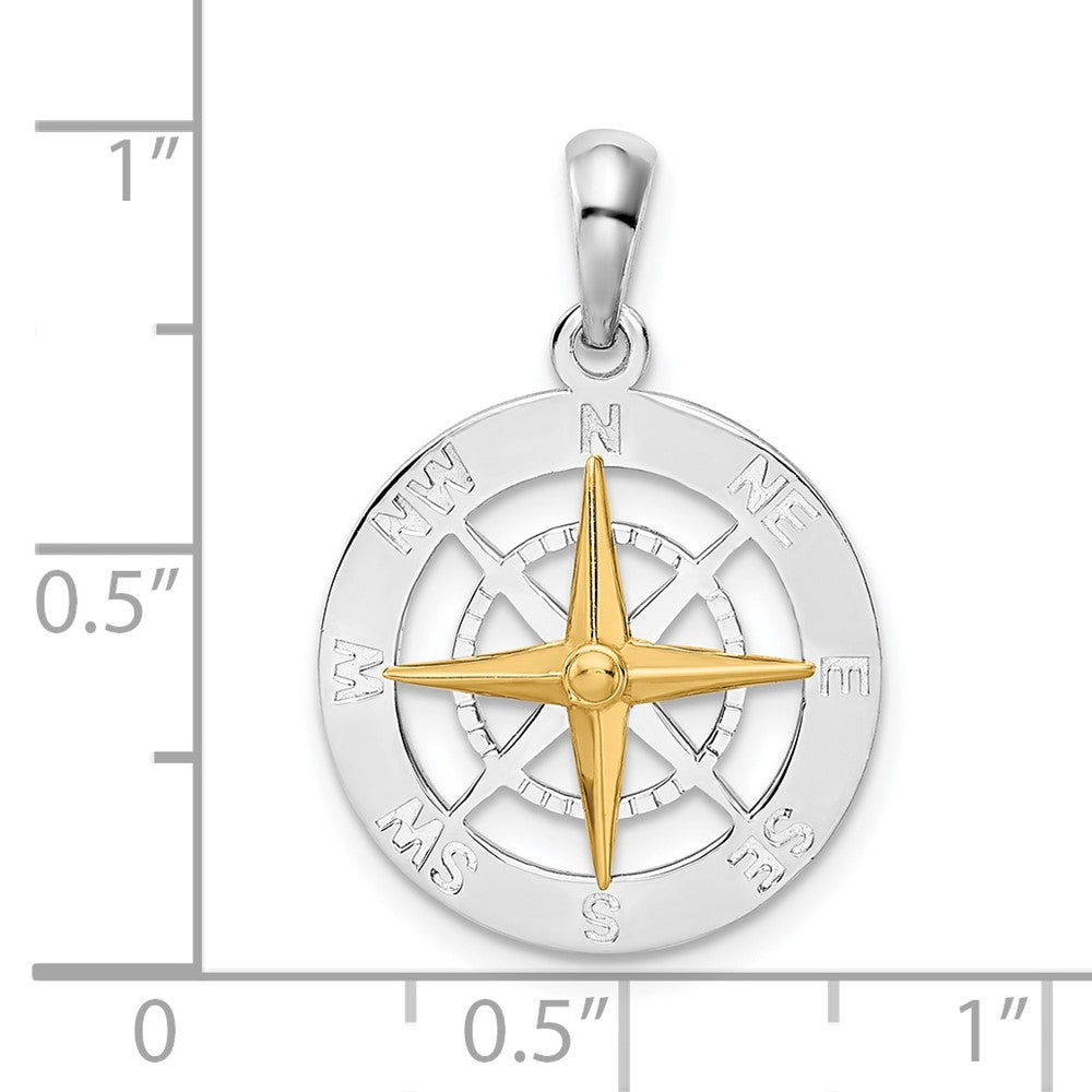 Silver/14K Two-Tone De-Ani Sterling Silver Rhodium-Plated Small Compass With 14K Needle Pendant