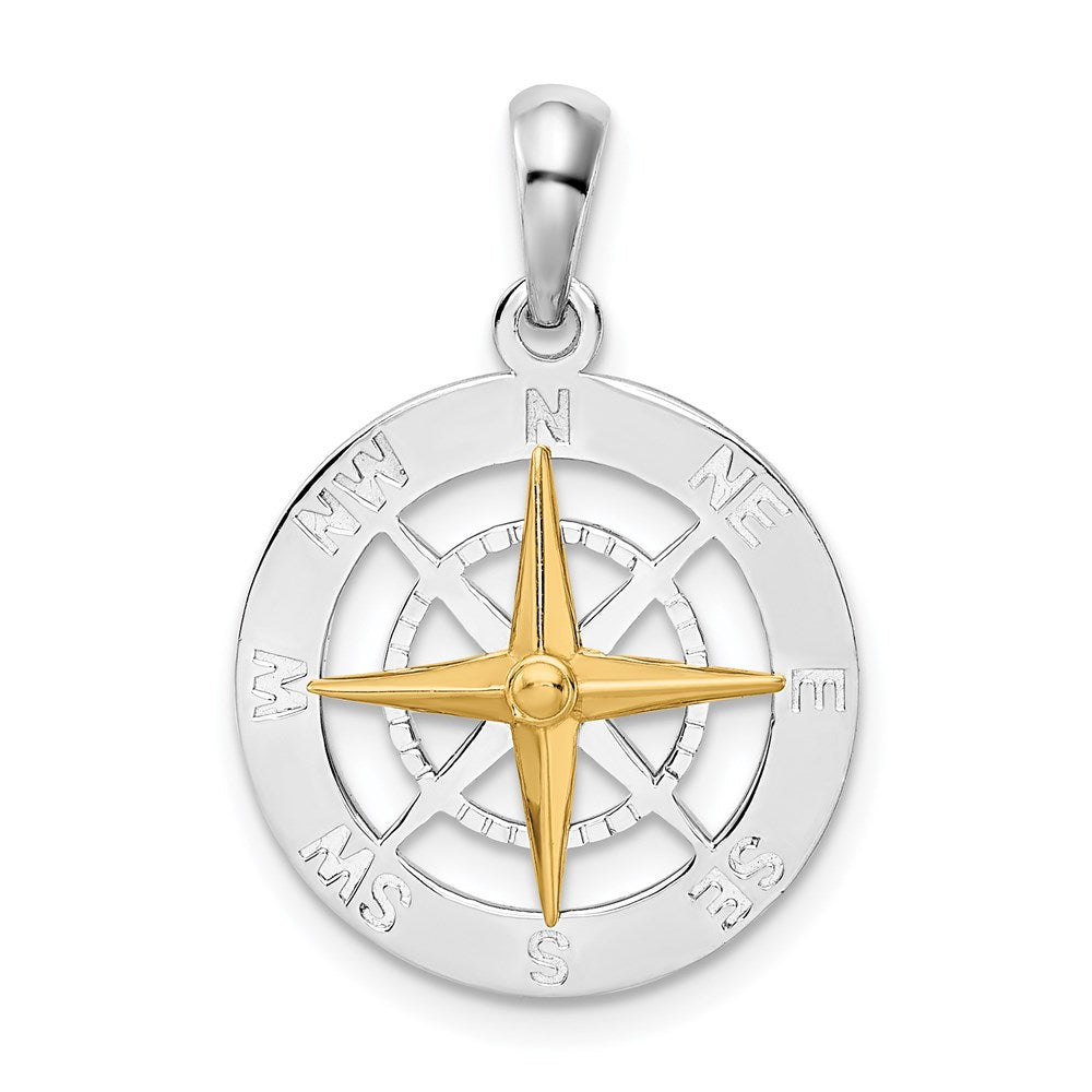 Silver/14K Two-Tone De-Ani Sterling Silver Rhodium-Plated Small Compass With 14K Needle Pendant