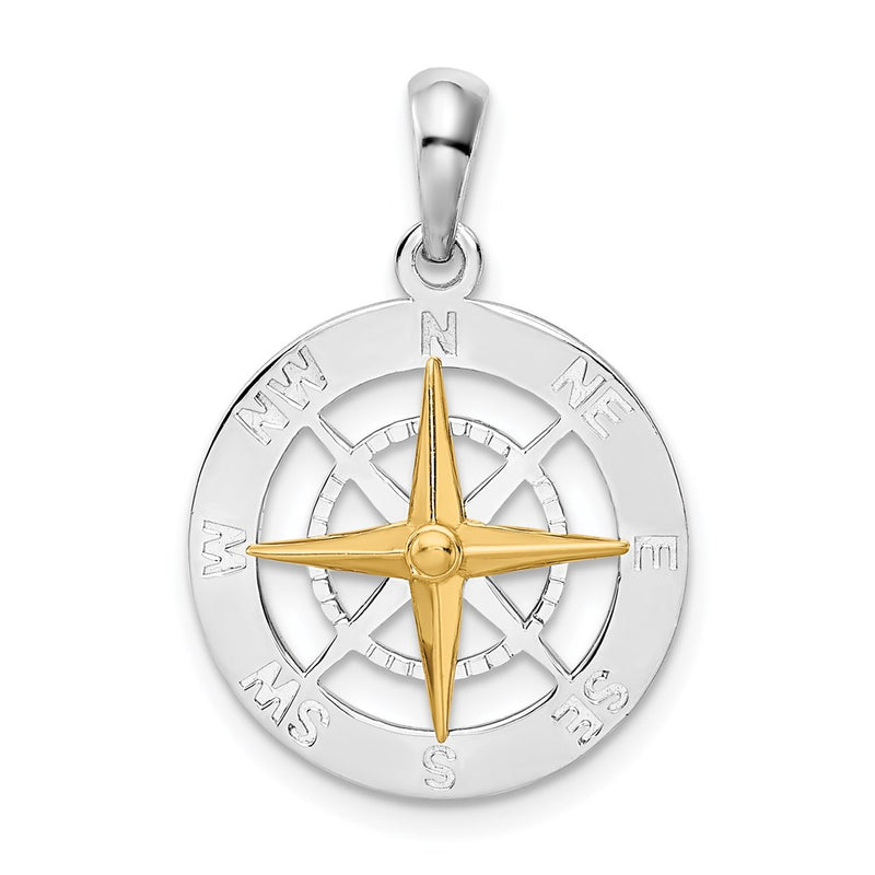 Silver/14K Two-Tone De-Ani Sterling Silver Rhodium-Plated Small Compass With 14K Needle Pendant