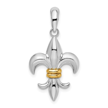 Silver/14K Two-Tone De-Ani Sterling Silver Rhodium-Plated Polished Fleur De Lis With 14K Accent Pendant