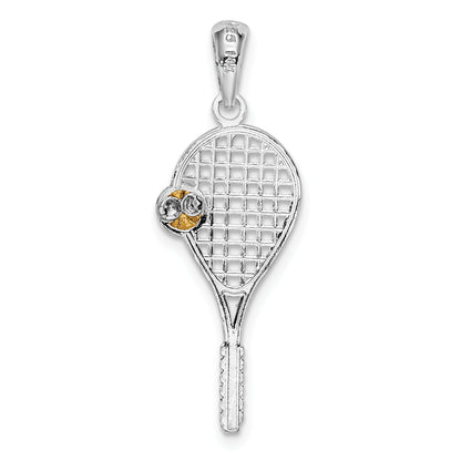 Silver/14K Two-Tone De-Ani Sterling Silver Rhodium-Plated Polished Tennis Racquet With 14K Ball Pendant