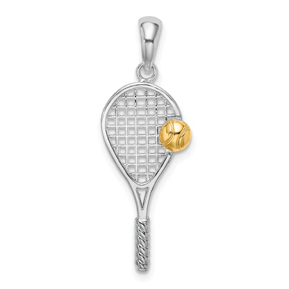 Silver/14K Two-Tone De-Ani Sterling Silver Rhodium-Plated Polished Tennis Racquet With 14K Ball Pendant