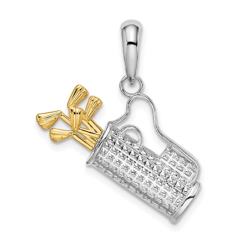 Silver/14K Two-Tone De-Ani Sterling Silver Rhodium-Plated Polished Golf Bag With 14K Clubs Pendant