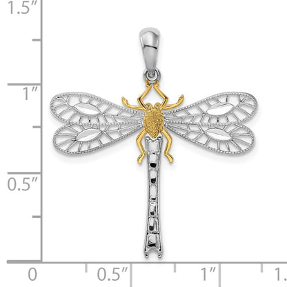 Silver/14K Two-Tone De-Ani Sterling Silver Rhodium-Plated Polished Dragonfly With 14K Accent Pendant