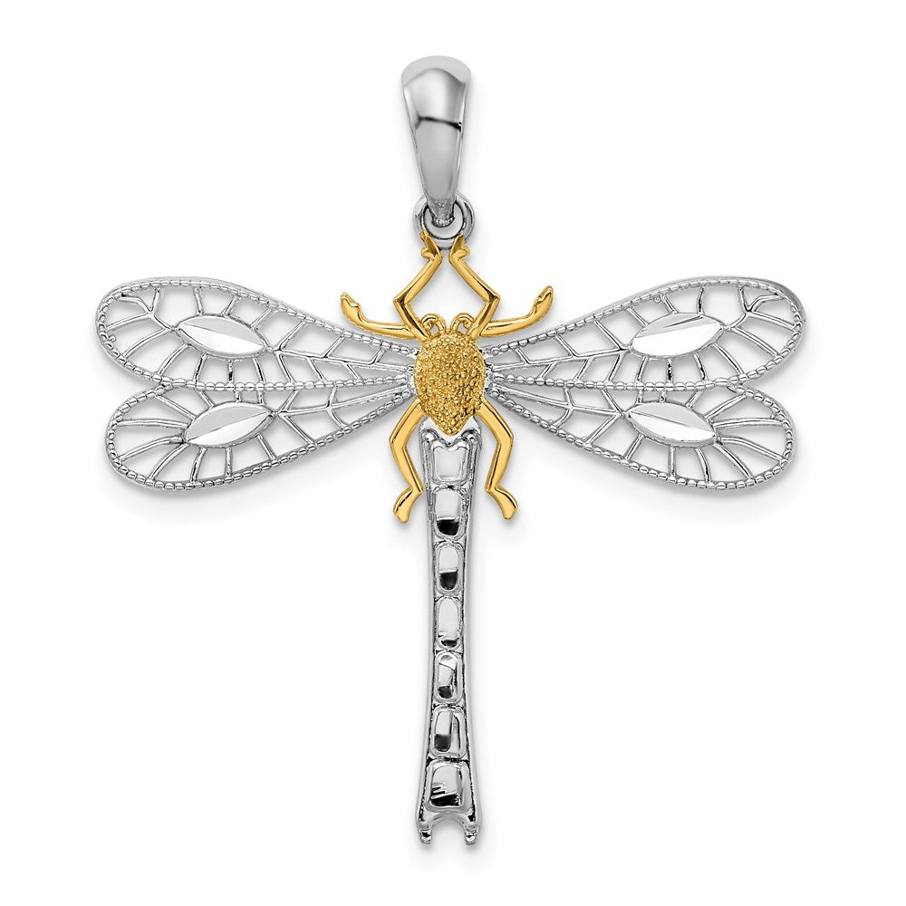 Silver/14K Two-Tone De-Ani Sterling Silver Rhodium-Plated Polished Dragonfly With 14K Accent Pendant