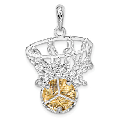 Silver/14K Two-Tone De-Ani Sterling Silver Rhodium-Plated Polished Net With 14K Basketball Pendant