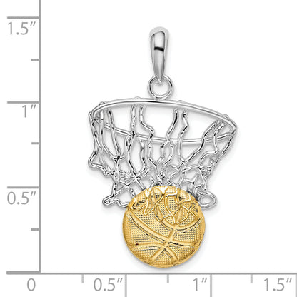 Silver/14K Two-Tone De-Ani Sterling Silver Rhodium-Plated Polished Net With 14K Basketball Pendant