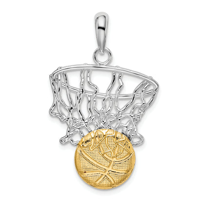 Silver/14K Two-Tone De-Ani Sterling Silver Rhodium-Plated Polished Net With 14K Basketball Pendant