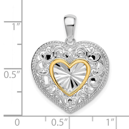 Silver/14K Two-Tone De-Ani Sterling Silver Rhodium-Plated Polished Heart With 14K Accent Pendant