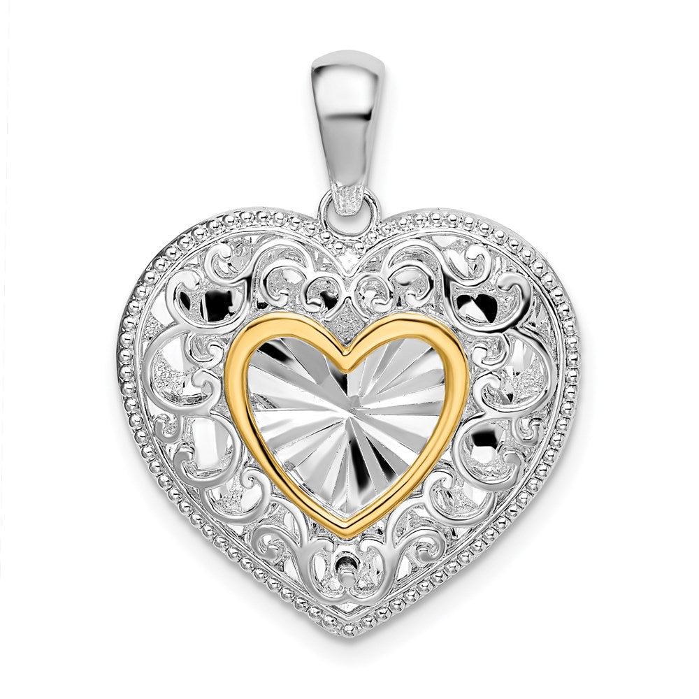 Silver/14K Two-Tone De-Ani Sterling Silver Rhodium-Plated Polished Heart With 14K Accent Pendant