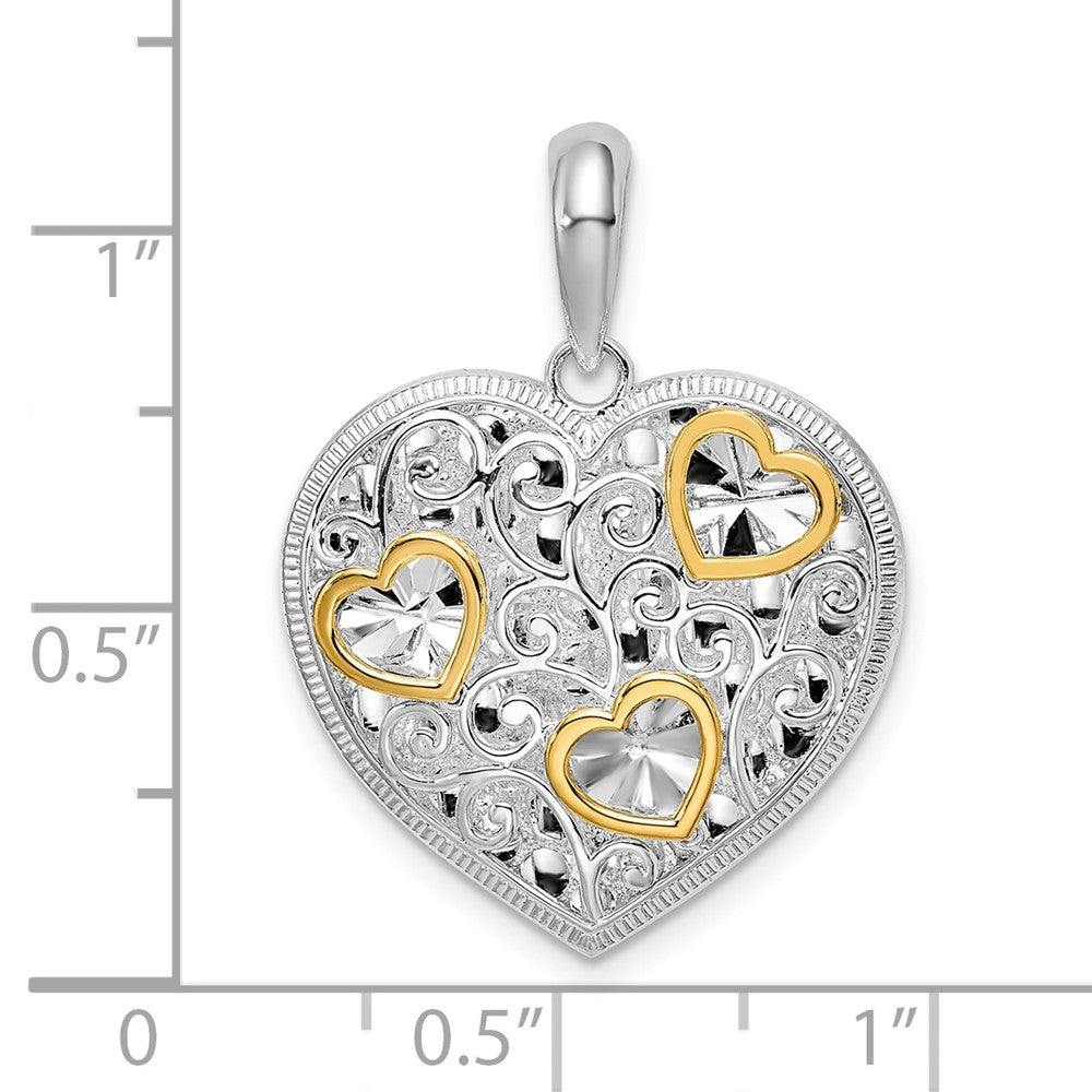 Silver/14K Two-Tone De-Ani Sterling Silver Rhodium-Plated Fancy Heart With 14K Accents Pendant