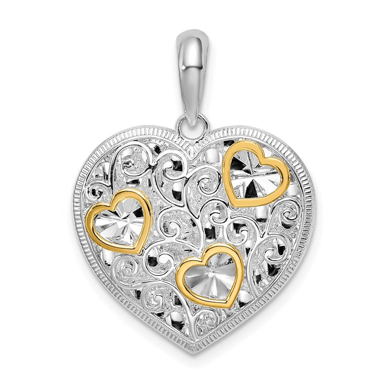 Silver/14K Two-Tone De-Ani Sterling Silver Rhodium-Plated Fancy Heart With 14K Accents Pendant