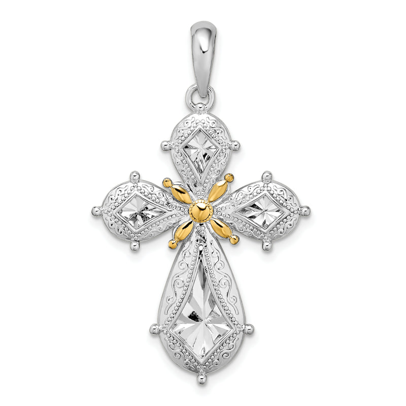 Silver/14K Two-Tone De-Ani Sterling Silver Rhodium-Plated Polished Filigree Cross With 14K Accent Pendant