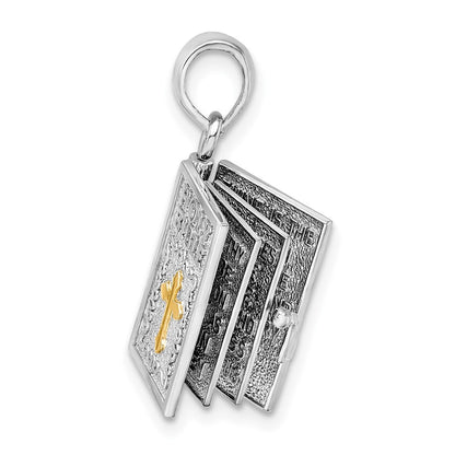 Silver/14K Two-Tone De-Ani Sterling Silver Rhodium-Plated 3D Lords Prayer Holy Bible With 14K Pendant