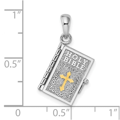 Silver/14K Two-Tone De-Ani Sterling Silver Rhodium-Plated 3D Lords Prayer Holy Bible With 14K Pendant