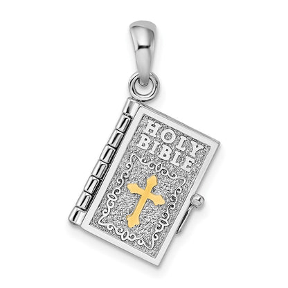 Silver/14K Two-Tone De-Ani Sterling Silver Rhodium-Plated 3D Lords Prayer Holy Bible With 14K Pendant