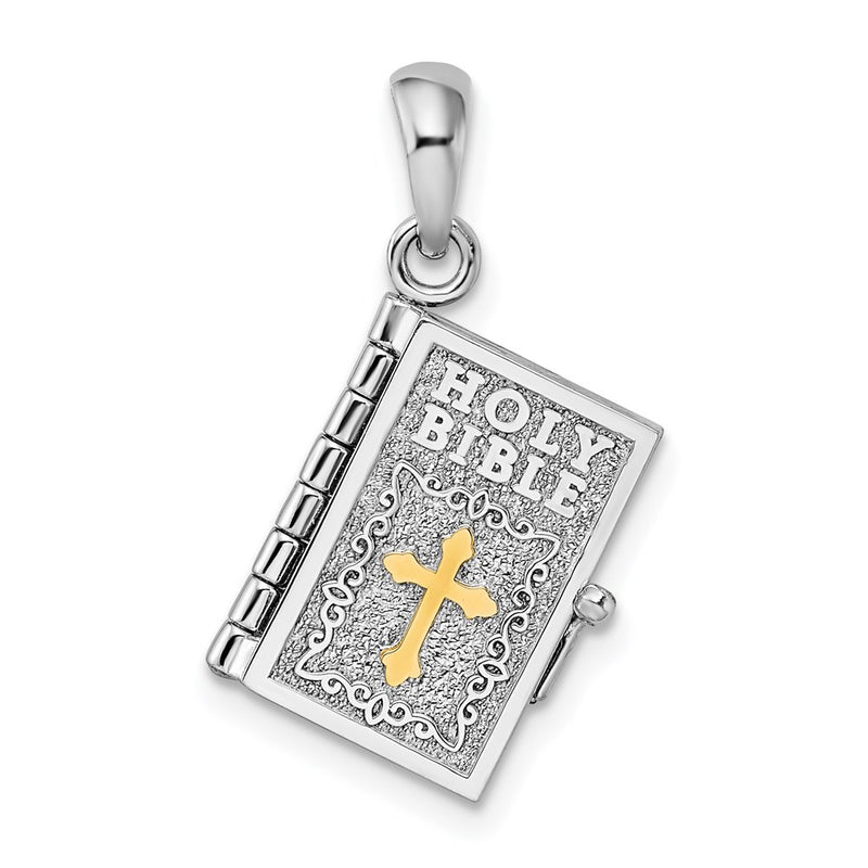 Silver/14K Two-Tone De-Ani Sterling Silver Rhodium-Plated 3D Lords Prayer Holy Bible With 14K Pendant