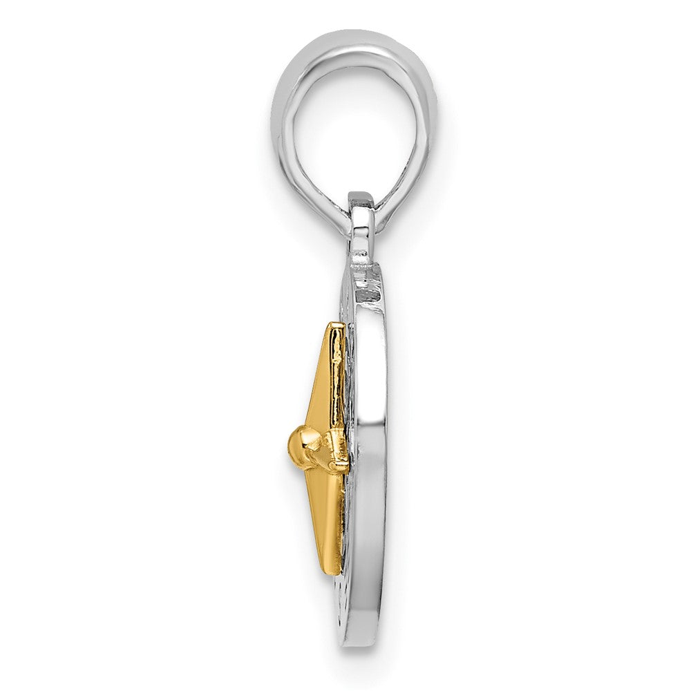 Silver/14K Two-Tone De-Ani Sterling Silver Rhodium-Plated Polished Mini Compass With 14K Needle Pendant