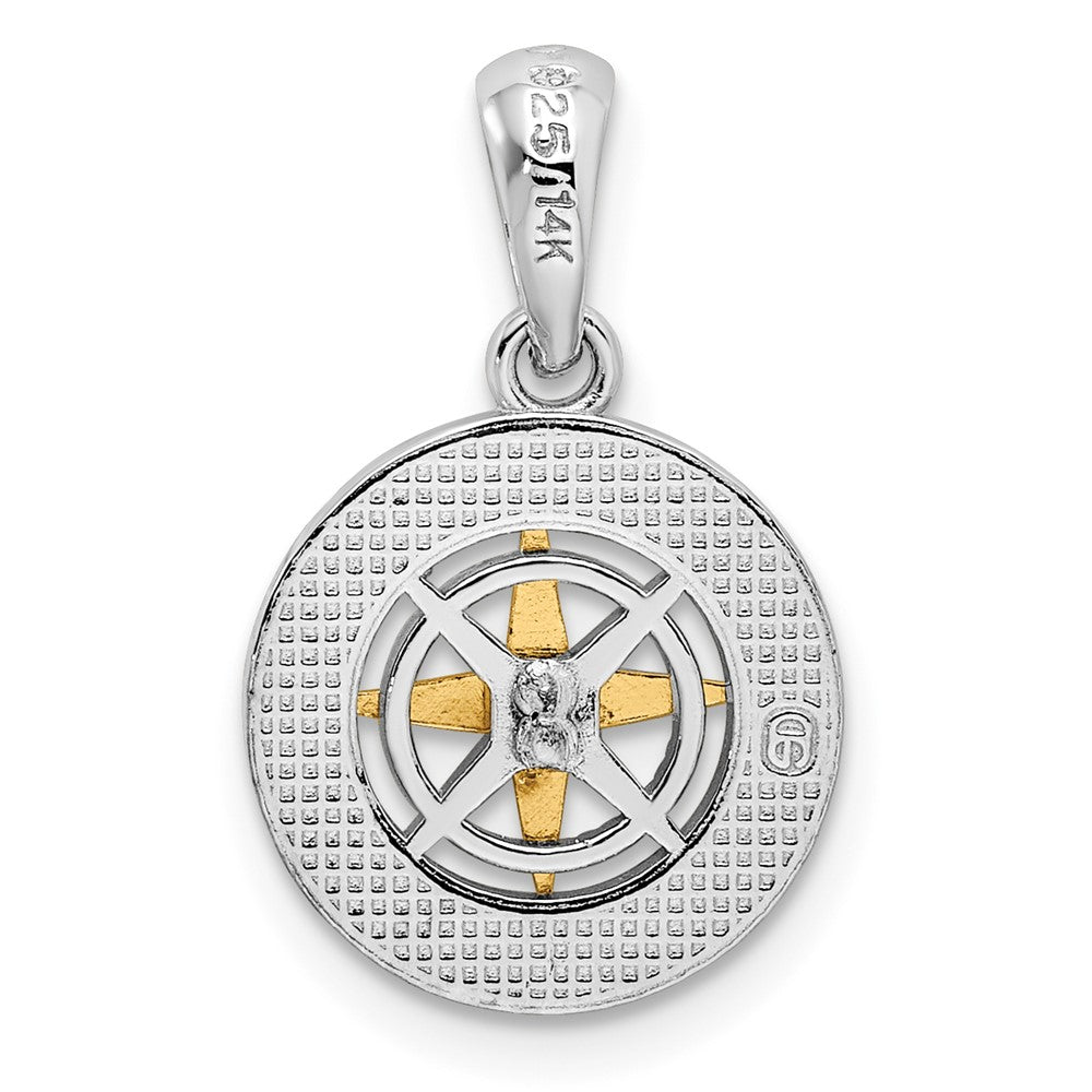 Silver/14K Two-Tone De-Ani Sterling Silver Rhodium-Plated Polished Mini Compass With 14K Needle Pendant