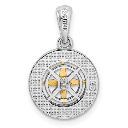 Silver/14K Two-Tone De-Ani Sterling Silver Rhodium-Plated Polished Mini Compass With 14K Needle Pendant