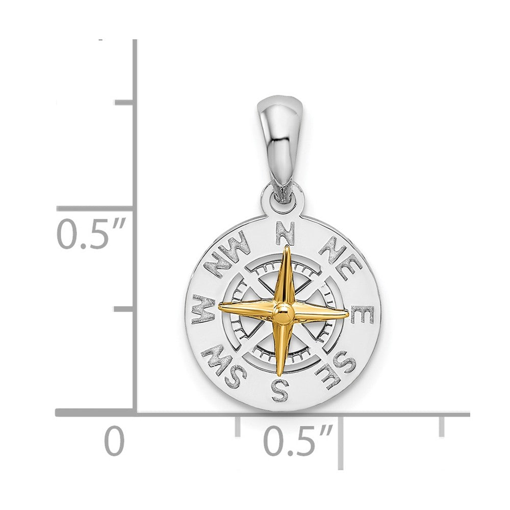 Silver/14K Two-Tone De-Ani Sterling Silver Rhodium-Plated Polished Mini Compass With 14K Needle Pendant