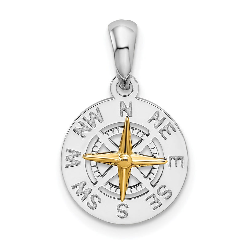 Silver/14K Two-Tone De-Ani Sterling Silver Rhodium-Plated Polished Mini Compass With 14K Needle Pendant