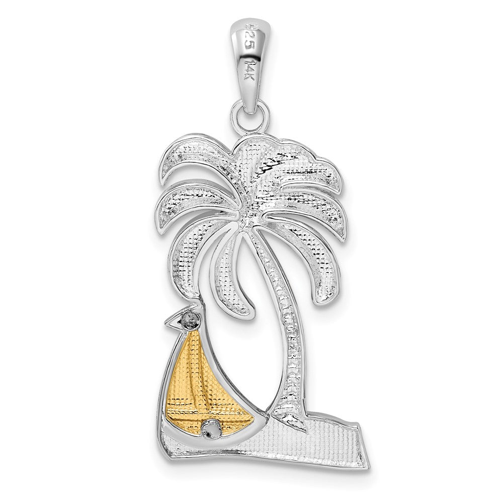 Silver/14K Two-Tone De-Ani Sterling Silver Rhodium-Plated Polished Palm Tree With 14K Sailboat Pendant