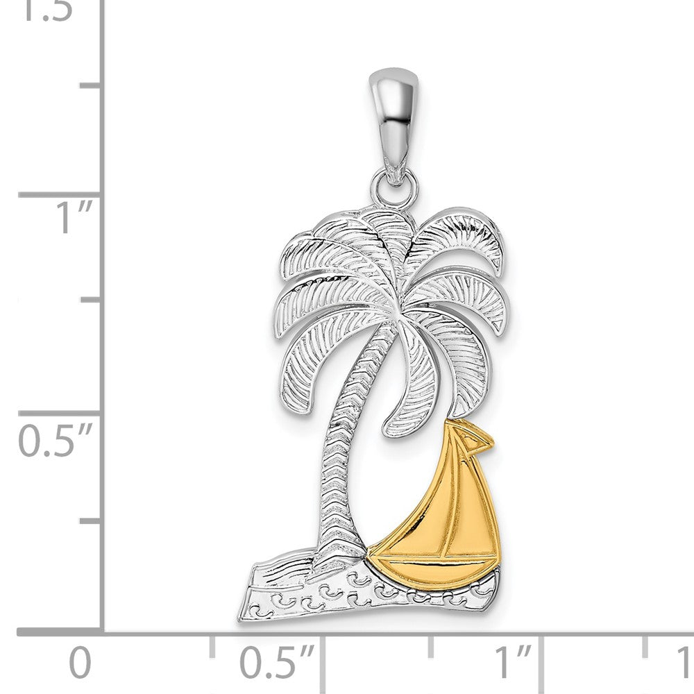 Silver/14K Two-Tone De-Ani Sterling Silver Rhodium-Plated Polished Palm Tree With 14K Sailboat Pendant