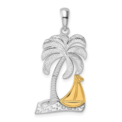 Silver/14K Two-Tone De-Ani Sterling Silver Rhodium-Plated Polished Palm Tree With 14K Sailboat Pendant