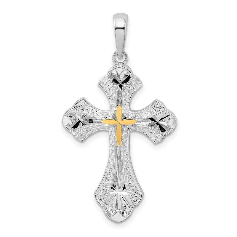 Silver/14K Two-Tone De-Ani Sterling Silver Rhodium-Plated Diamond-Cut Budded Cross With 14K Accent Pendant