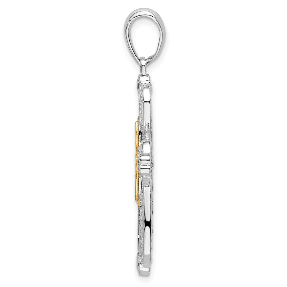 Silver/14K Two-Tone De-Ani Sterling Silver Rhodium-Plated Diamond-Cut Heart Cross With 14K Accent Pendant