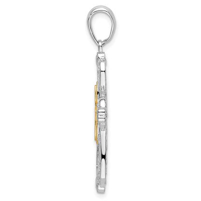 Silver/14K Two-Tone De-Ani Sterling Silver Rhodium-Plated Diamond-Cut Heart Cross With 14K Accent Pendant