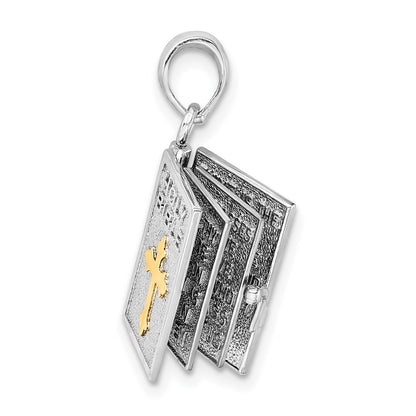 Silver/14K Two-Tone De-Ani Sterling Silver Rhodium-Plated Polished 3D Lords Prayer Holy Bible Pendant
