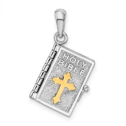 Silver/14K Two-Tone De-Ani Sterling Silver Rhodium-Plated Polished 3D Lords Prayer Holy Bible Pendant