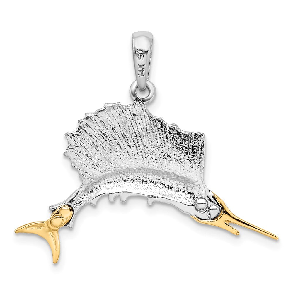 Silver/14K Two-Tone De-Ani Sterling Silver Rhodium-Plated Polished Sailfish With 14K Accents Pendant