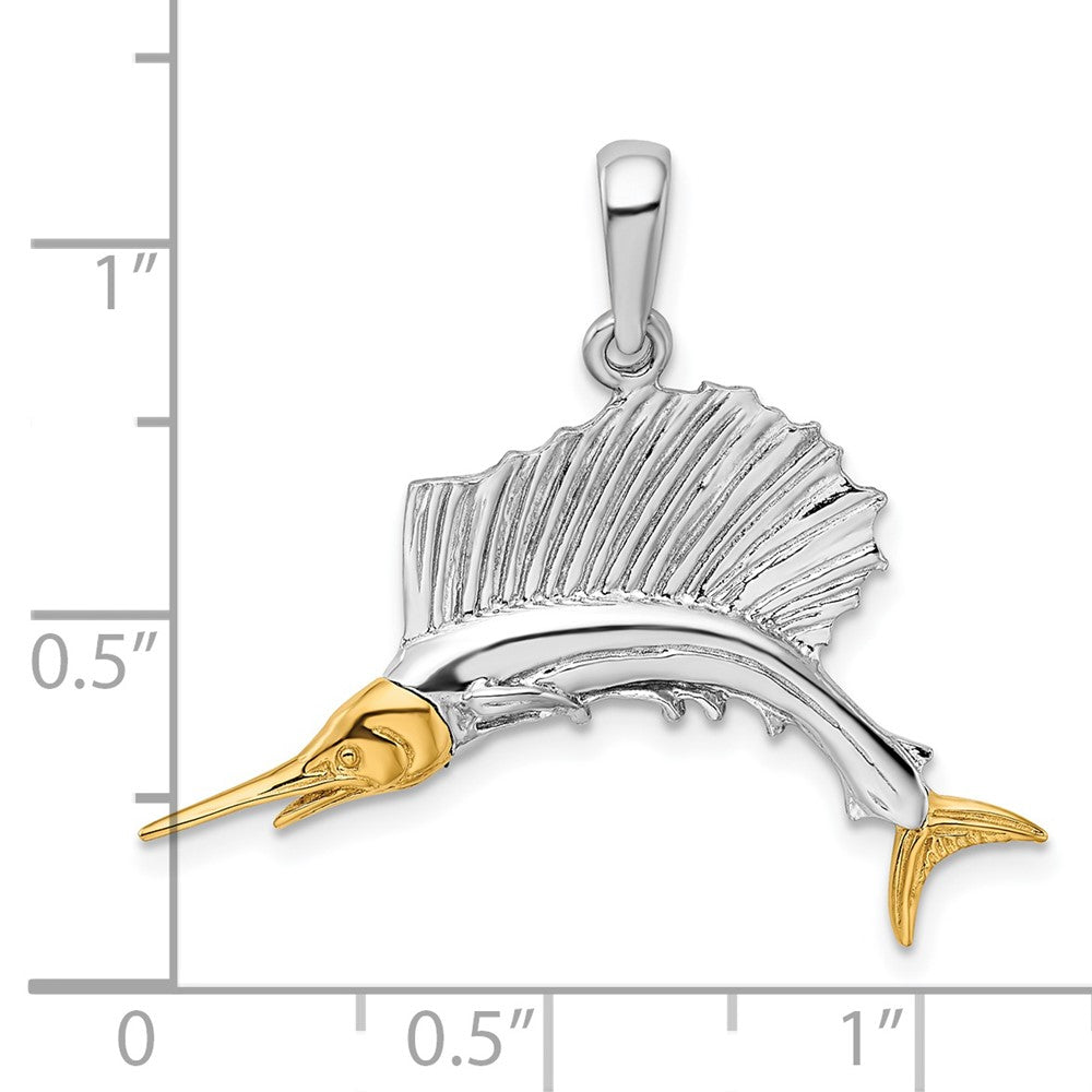 Silver/14K Two-Tone De-Ani Sterling Silver Rhodium-Plated Polished Sailfish With 14K Accents Pendant