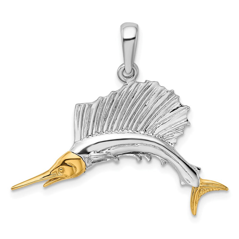 Silver/14K Two-Tone De-Ani Sterling Silver Rhodium-Plated Polished Sailfish With 14K Accents Pendant