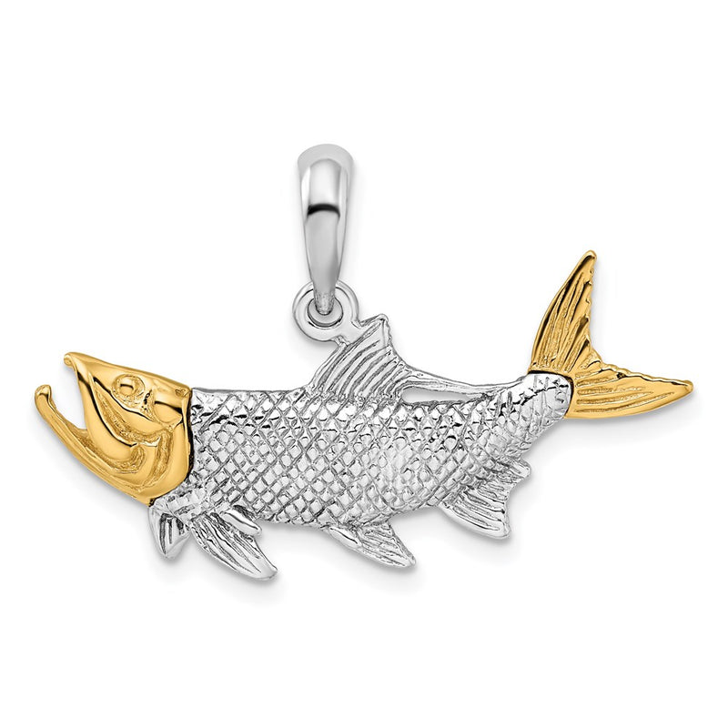 Silver/14K Two-Tone Sterling Silver Textured Tarpon Fish W/14K Accents Pendant