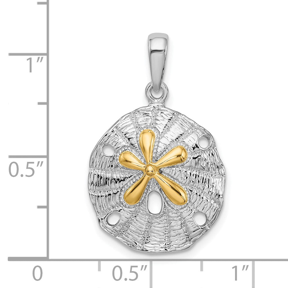 Silver/14K Two-Tone De-Ani Sterling Silver Rhodium-Plated Textured Sand Dollar With 14K Accent Pendant