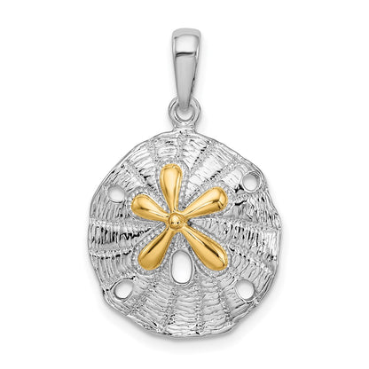 Silver/14K Two-Tone De-Ani Sterling Silver Rhodium-Plated Textured Sand Dollar With 14K Accent Pendant