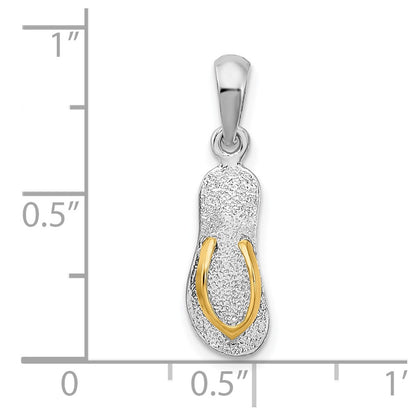Silver/14K Two-Tone De-Ani Sterling Silver Rhodium-Plated Textured 3D Flip-Flop With 14 Straps Pendant