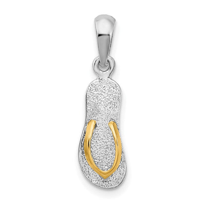 Silver/14K Two-Tone De-Ani Sterling Silver Rhodium-Plated Textured 3D Flip-Flop With 14 Straps Pendant