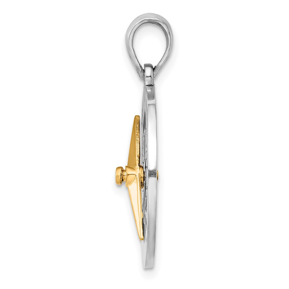 Silver/14K Two-Tone De-Ani Sterling Silver Rhodium-Plated Enameled Compass With 14K Moving Needle Pendant