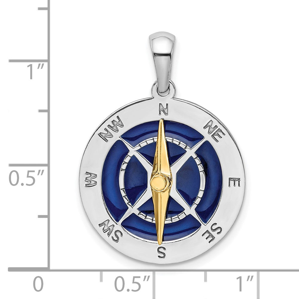 Silver/14K Two-Tone De-Ani Sterling Silver Rhodium-Plated Enameled Compass With 14K Moving Needle Pendant