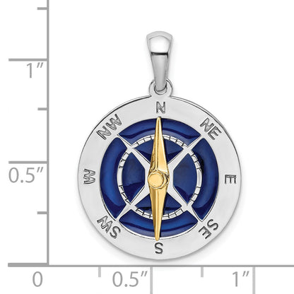 Silver/14K Two-Tone De-Ani Sterling Silver Rhodium-Plated Enameled Compass With 14K Moving Needle Pendant