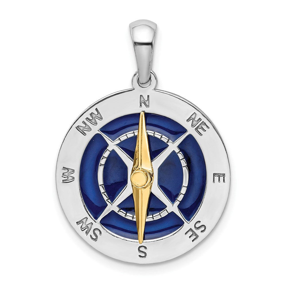Silver/14K Two-Tone De-Ani Sterling Silver Rhodium-Plated Enameled Compass With 14K Moving Needle Pendant
