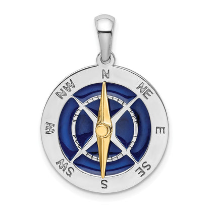 Silver/14K Two-Tone De-Ani Sterling Silver Rhodium-Plated Enameled Compass With 14K Moving Needle Pendant
