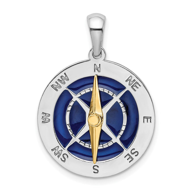 Silver/14K Two-Tone De-Ani Sterling Silver Rhodium-Plated Enameled Compass With 14K Moving Needle Pendant