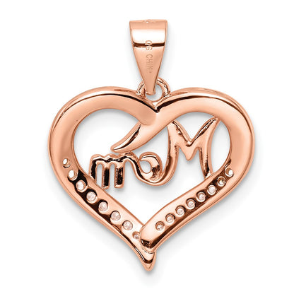 Sterling Silver Rose Tone Cz Mom Heart Pendant